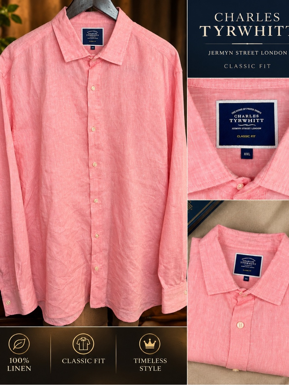 Charles Tyrwhitt Men’s Classic Fit Coral Pink Linen Button-Down Shirt